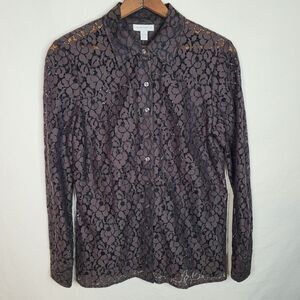 Brown & Black Sheer Floral Lace Top Womens 8 Dark Romantic Grunge Fairy Coquette